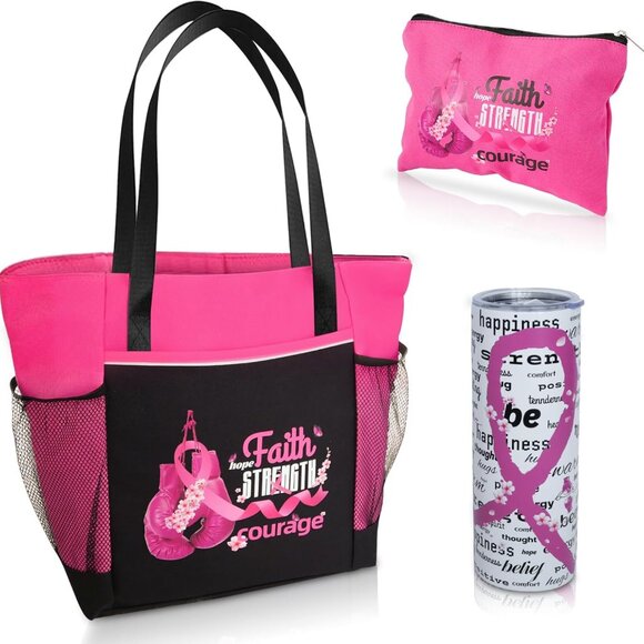 Breast Cancer Gifts Set Insulated Cup Tote Bag Cosmetic Bag for Women - Picture 1 of 8